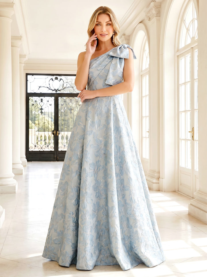 Jacquard A Line One Shoulder Corset Ruched Evening Dresses with Bow