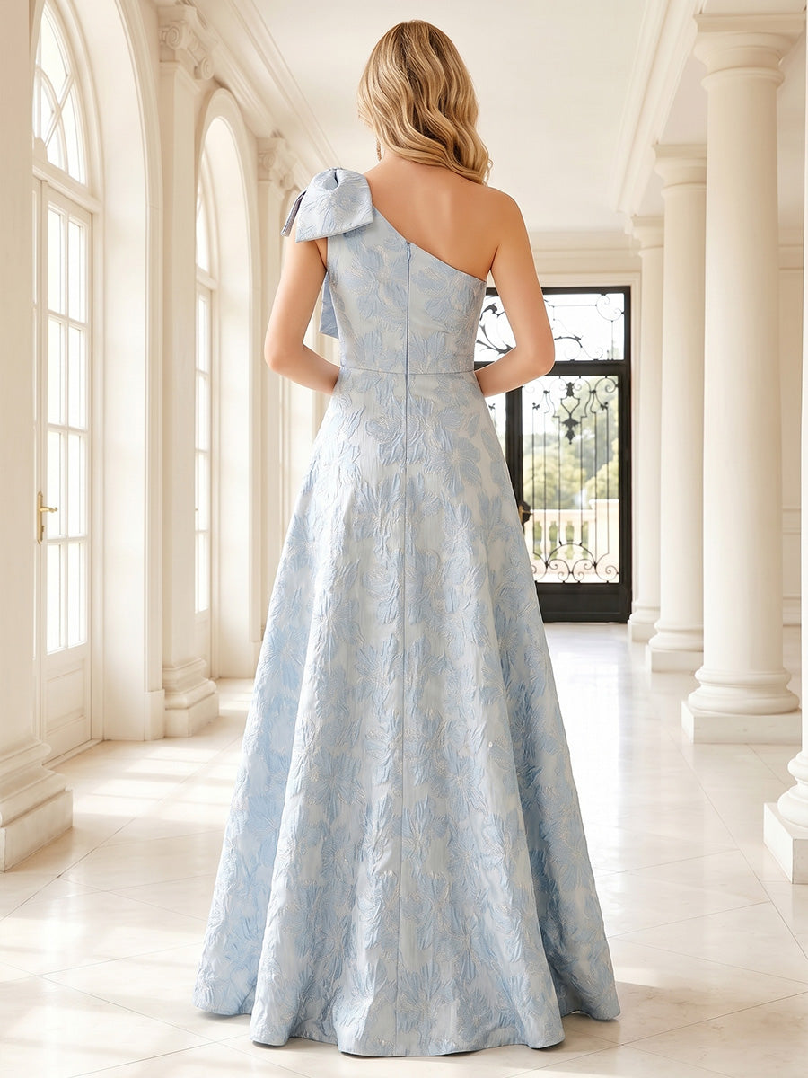 Jacquard A Line One Shoulder Corset Ruched Evening Dresses with Bow