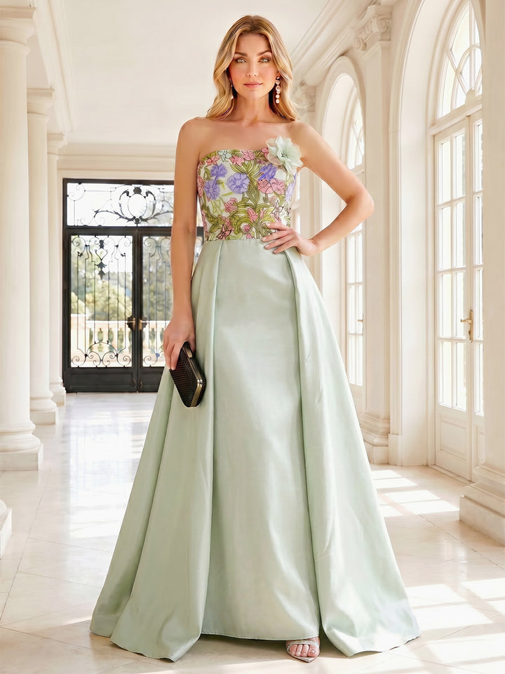 Satin A Line Strapless Floral Embroidery Formal Dresses with 3D Flowers