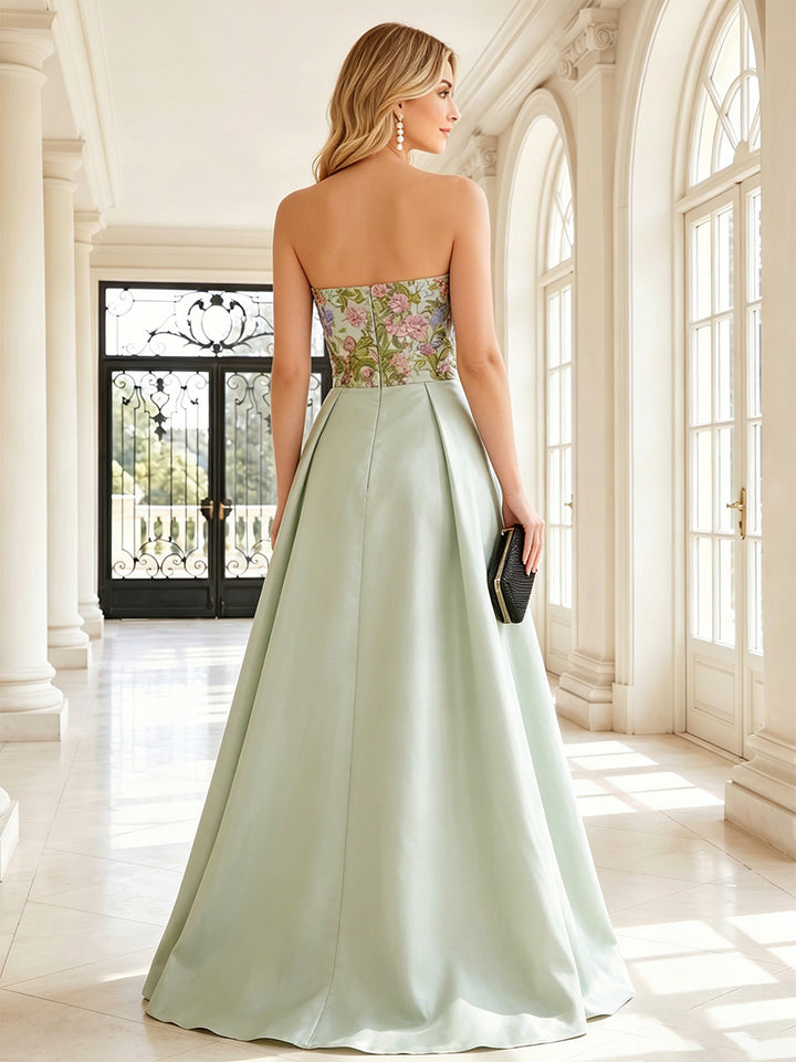 Satin A Line Strapless Floral Embroidery Formal Dresses with 3D Flowers