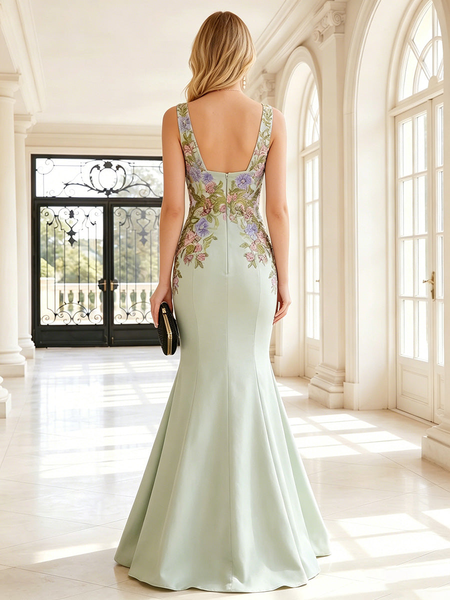 Satin Mermaid Floral Embroidery V Neck Formal Dresses for Women