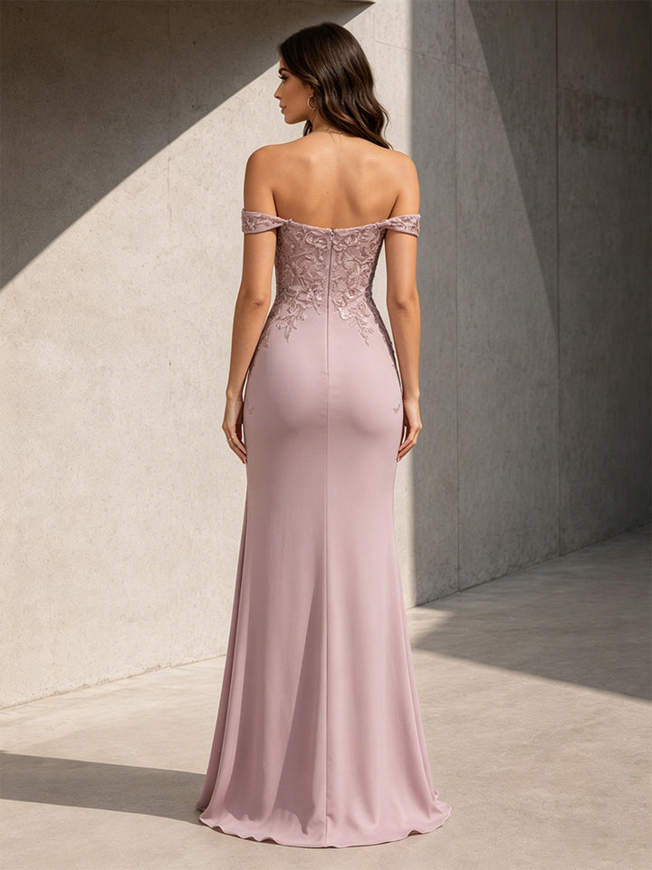 Satin Sheath Off the Shoulder Slit Lace Appliques Formal Dresses for Women