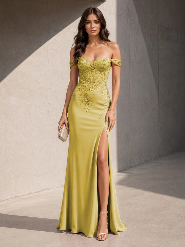 Satin Sheath Off the Shoulder Slit Lace Appliques Formal Dresses for Women