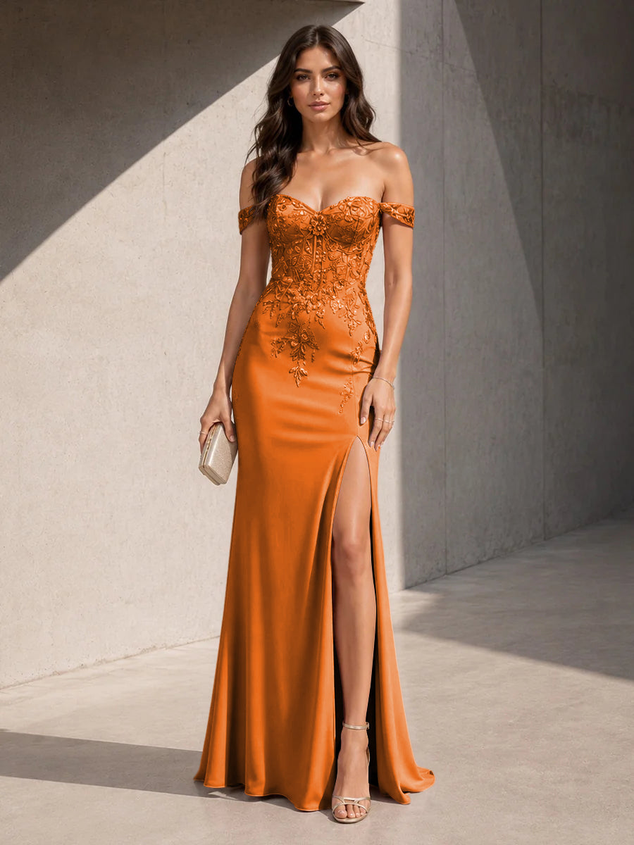Satin Sheath Off the Shoulder Slit Lace Appliques Formal Dresses for Women