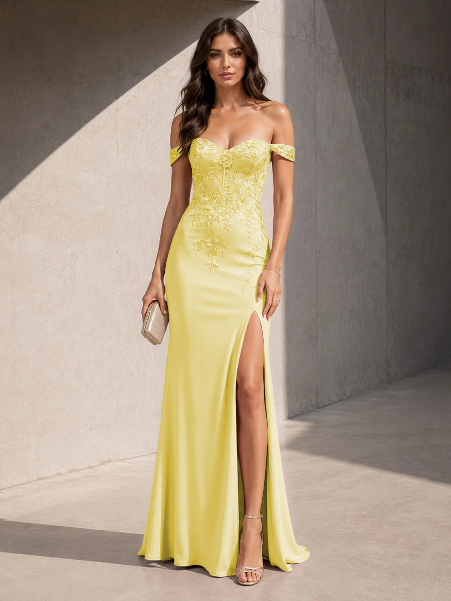 Satin Sheath Off the Shoulder Slit Lace Appliques Formal Dresses for Women