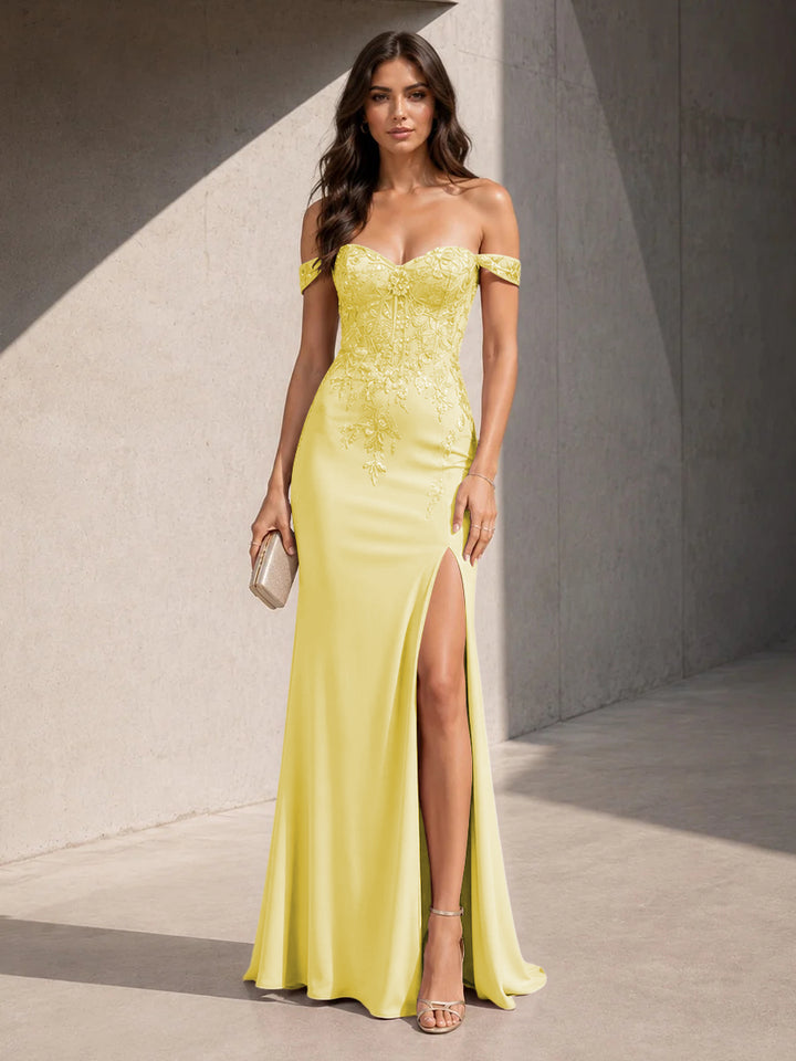 Satin Sheath Off the Shoulder Slit Lace Appliques Formal Dresses for Women