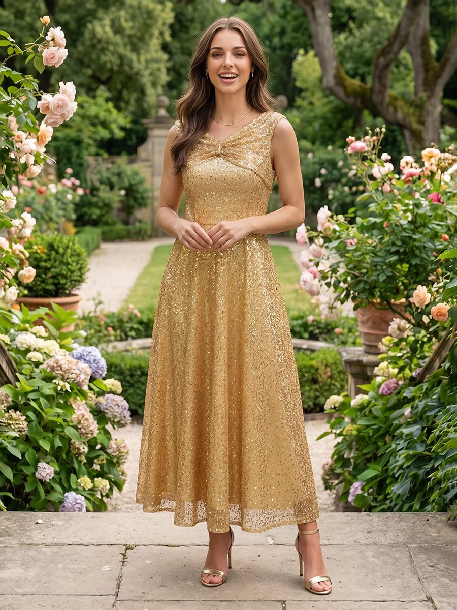 Sequin A Line V Neck Pleats Ruched Formal Dresses