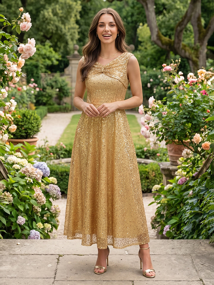 Sequin A Line V Neck Pleats Ruched Formal Dresses