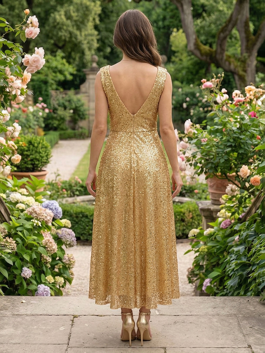 Sequin A Line V Neck Pleats Ruched Formal Dresses