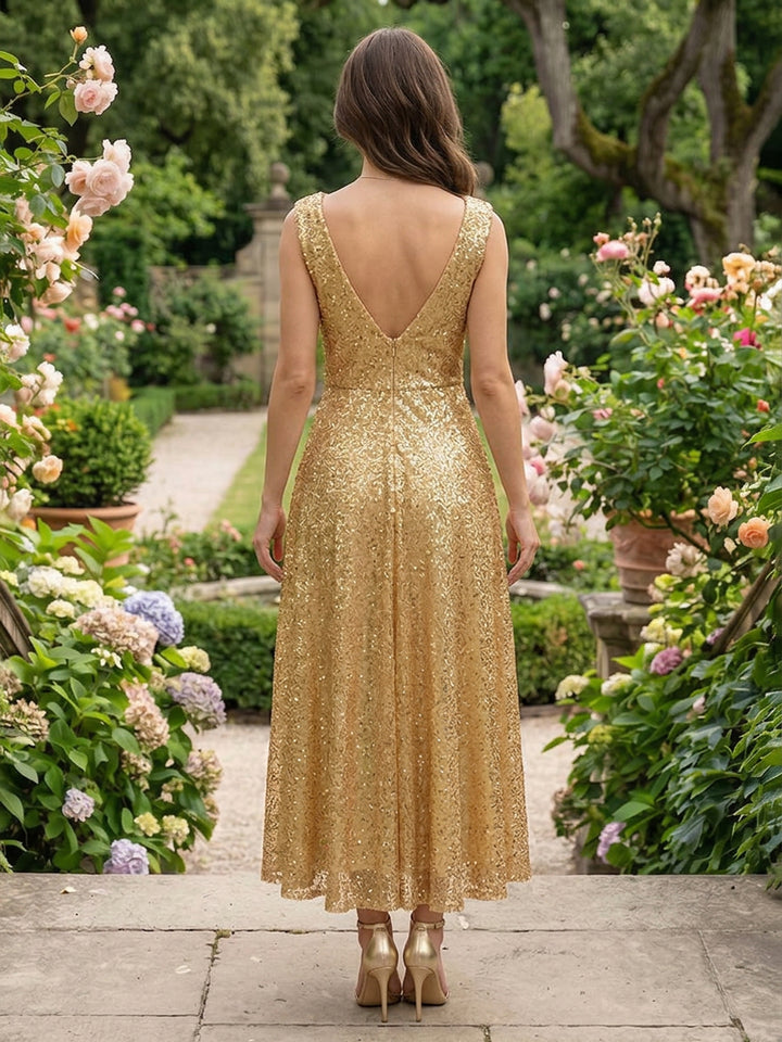 Sequin A Line V Neck Pleats Ruched Formal Dresses