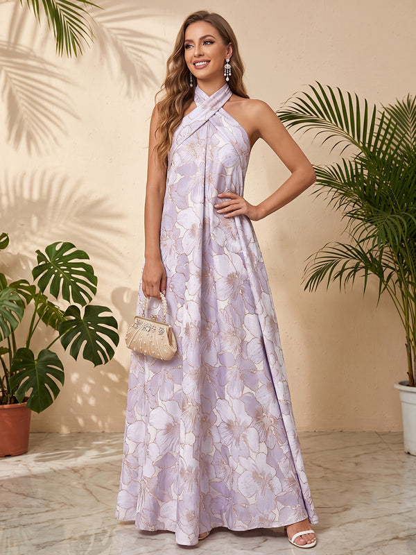 Jacquard A Line Halter Floral Floral Print Formal Dresses