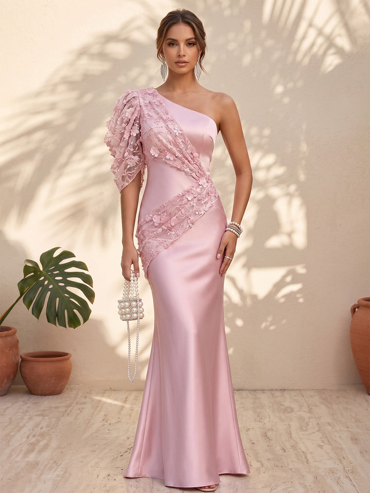 Satin Mermaid One Shoulder Floral Formal Dresses