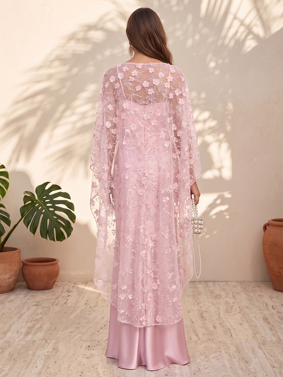 Satin A Line Spaghetti Straps Cape Applique Formal Dresses