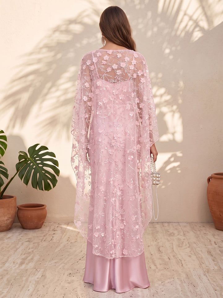 Satin A Line Spaghetti Straps Cape Applique Formal Dresses