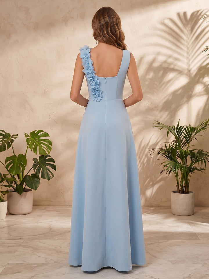 Satin A Line V Neck Side Slit Applique Formal Dresses
