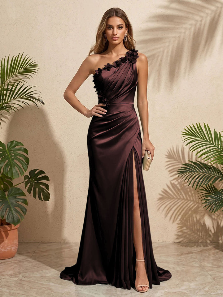 Satin Sheath One Shoulder Side Slit Pleated Formal Dresses