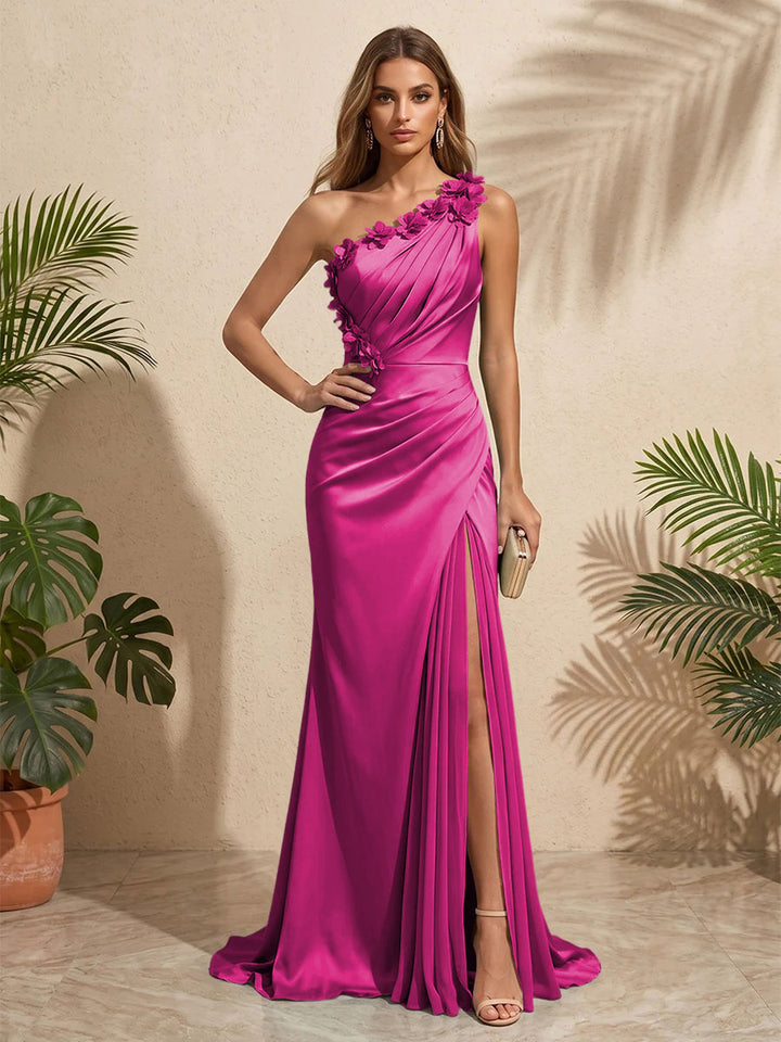 Satin Sheath One Shoulder Side Slit Pleated Formal Dresses