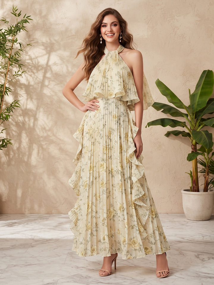 Chiffon A Line Halter Floral Print Ruffles Formal Dresses