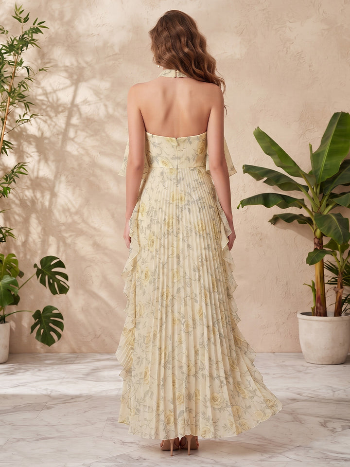 Chiffon A Line Halter Floral Print Ruffles Formal Dresses