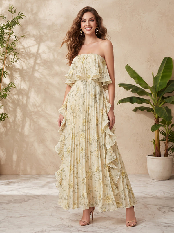 Chiffon A Line Strapless Floral Print Ruffles Formal Dresses