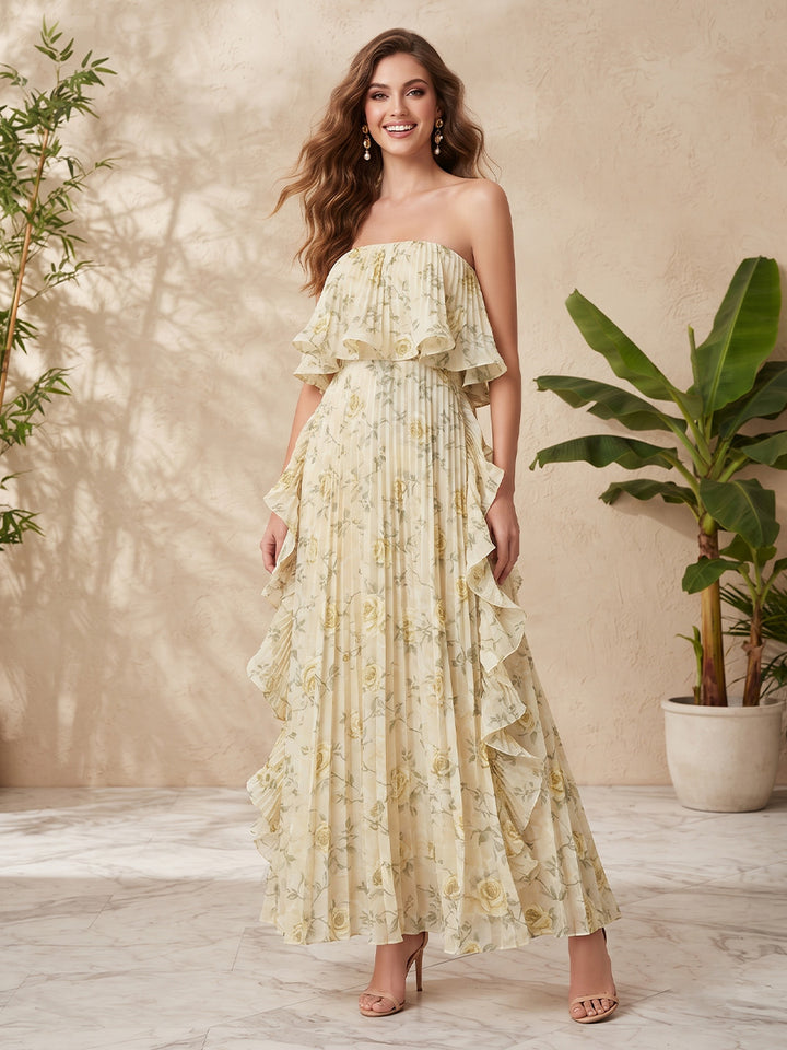 Chiffon A Line Strapless Floral Print Ruffles Formal Dresses