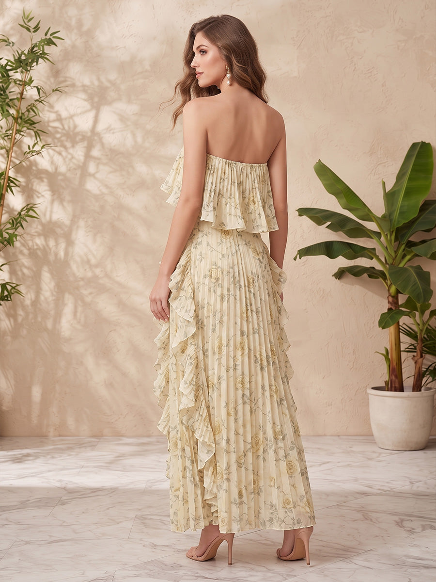 Chiffon A Line Strapless Floral Print Ruffles Formal Dresses