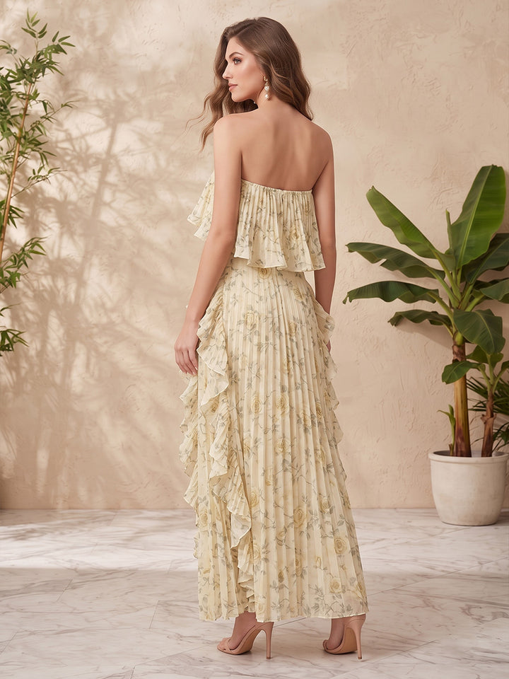 Chiffon A Line Strapless Floral Print Ruffles Formal Dresses