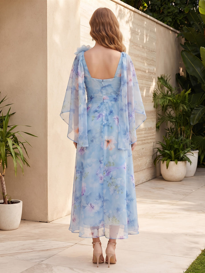 Chiffon A Line V Neck Floral Print Pleated Formal Dresses