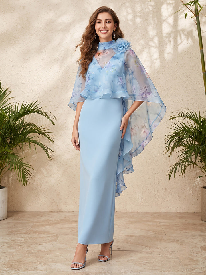 Satin Sheath Halter Floral Print Ruffles Formal Dresses