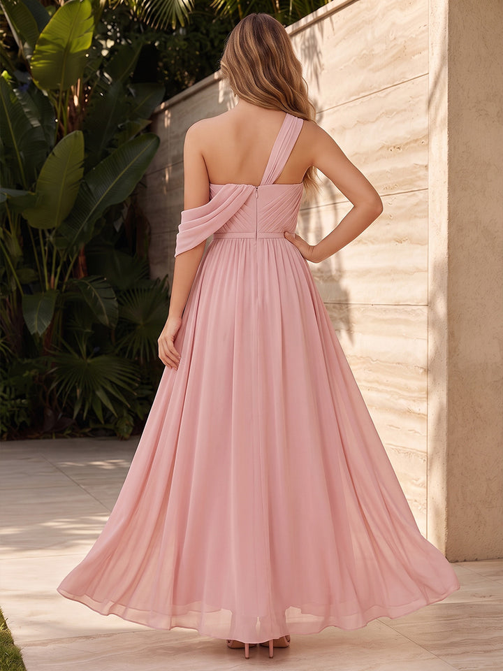 Chiffon A Line One Shoulder High Waist Formal Dresses
