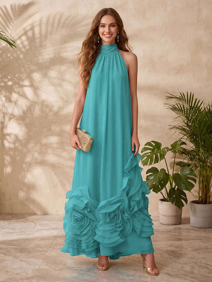 Chiffon A Line Halter Floral Formal Dresses