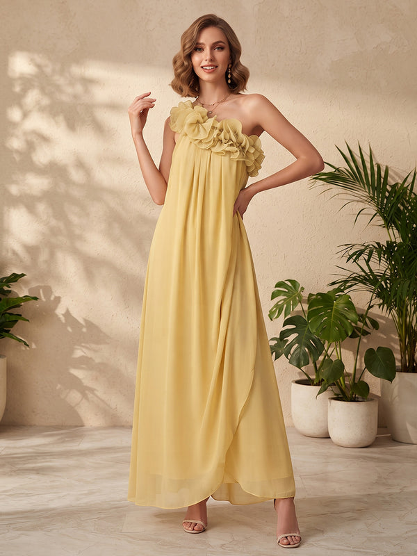 Chiffon A Line One Shoulder Floral Pleated Formal Dresses