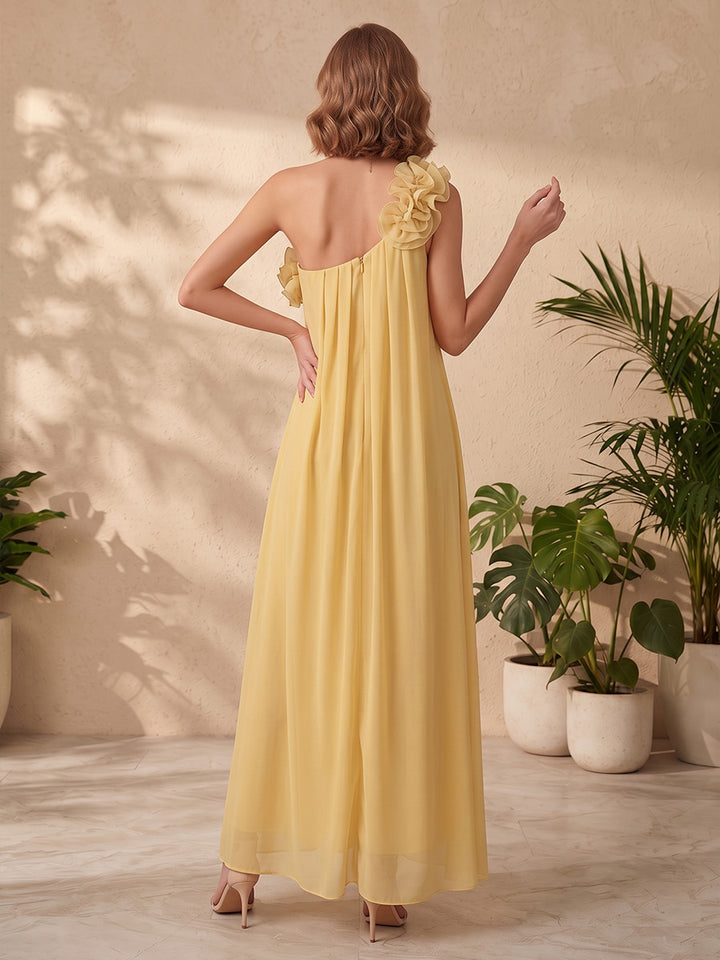 Chiffon A Line One Shoulder Floral Pleated Formal Dresses