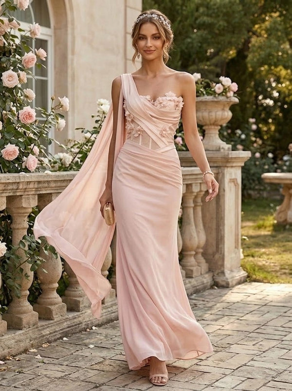 Satin Sheath One Shoulder 3D Flowers Pleated Formal Dresses