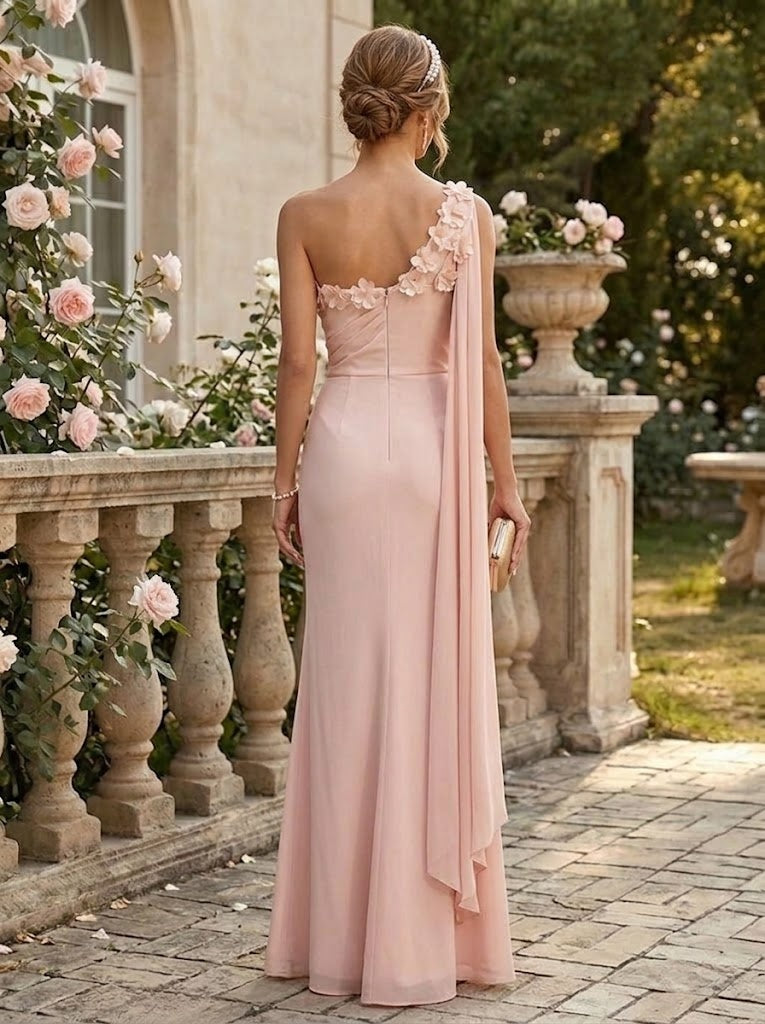Satin Sheath One Shoulder 3D Flowers Pleated Formal Dresses