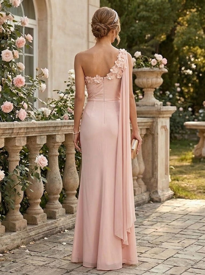 Satin Sheath One Shoulder 3D Flowers Pleated Formal Dresses