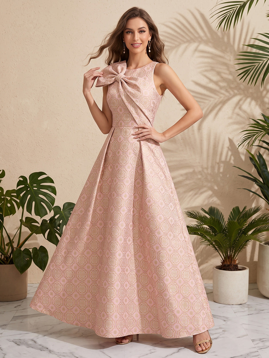 Satin Jacquard A Line Jewel Neck Floral Print Formal Dresses