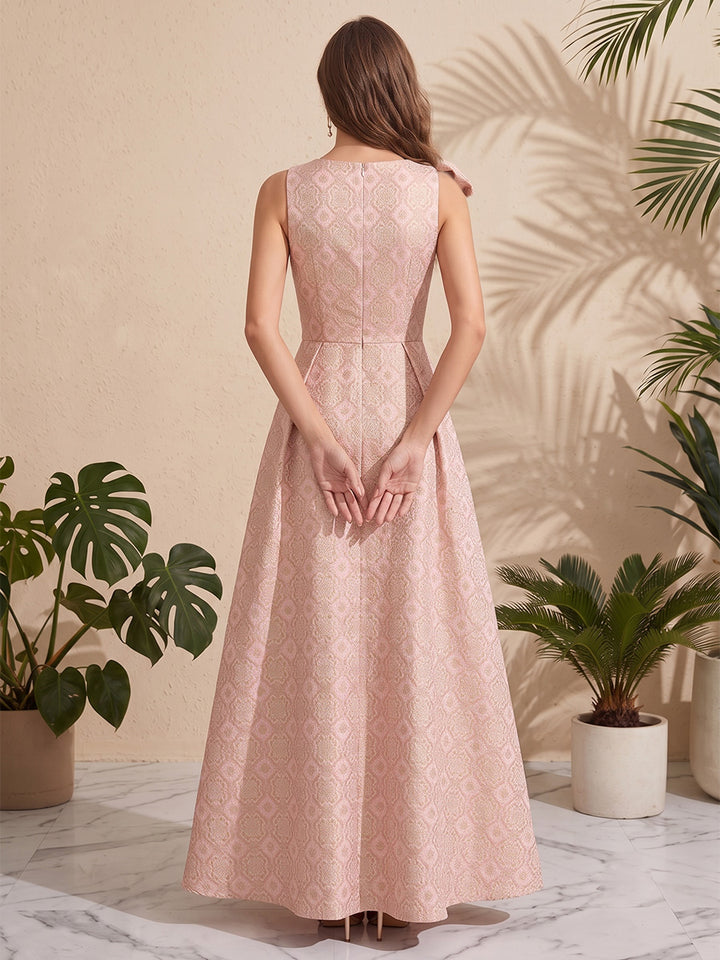 Satin Jacquard A Line Jewel Neck Floral Print Formal Dresses