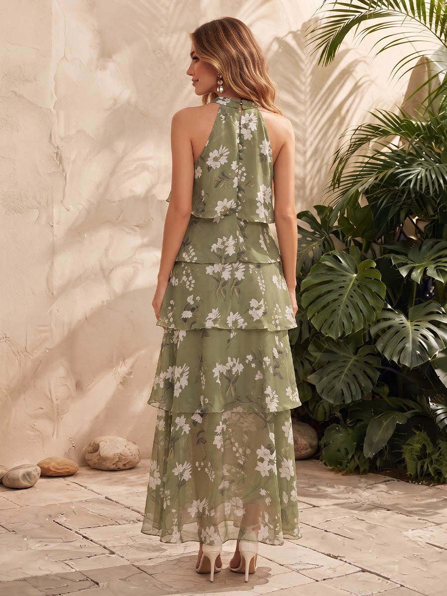 Chiffon A Line Halter Floral Print Layered Formal Dresses