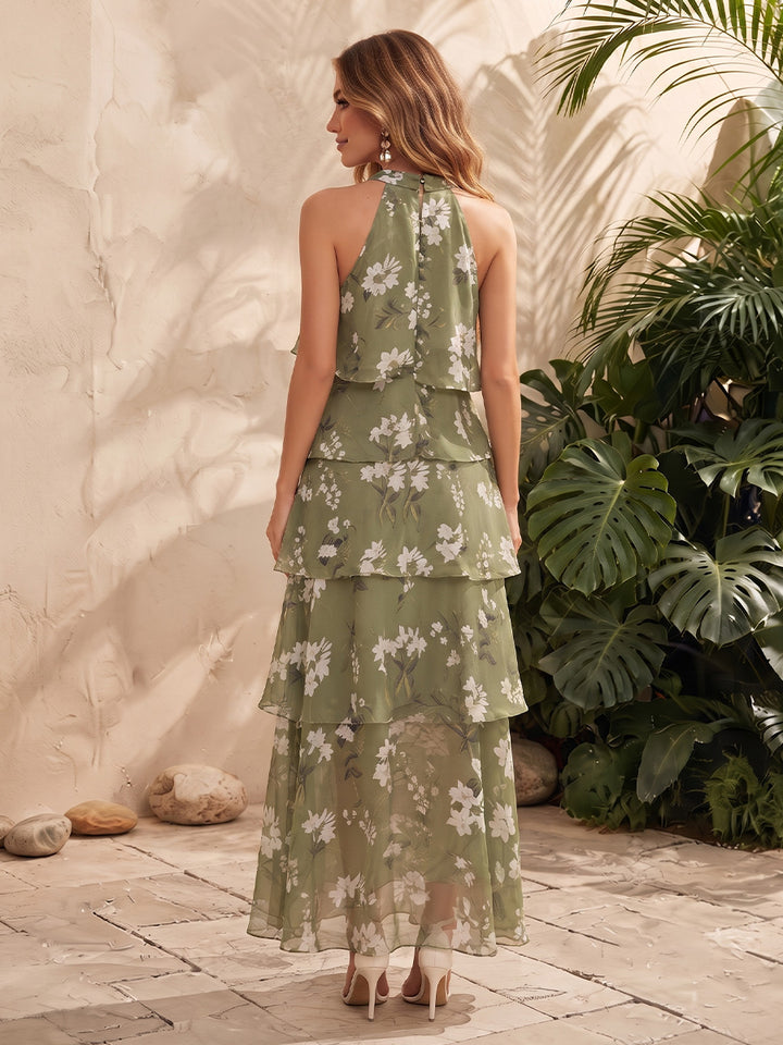 Chiffon A Line Halter Floral Print Layered Formal Dresses