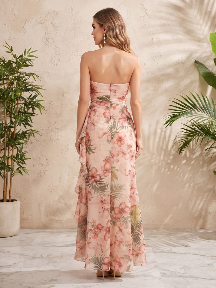 Chiffon Sheath Strapless Floral Print Ruffles Formal Dresses