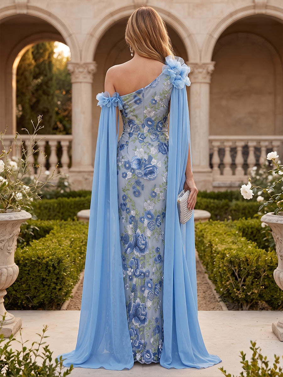 Embroidery Mermaid One Shoulder Scarf Floral Formal Dresses