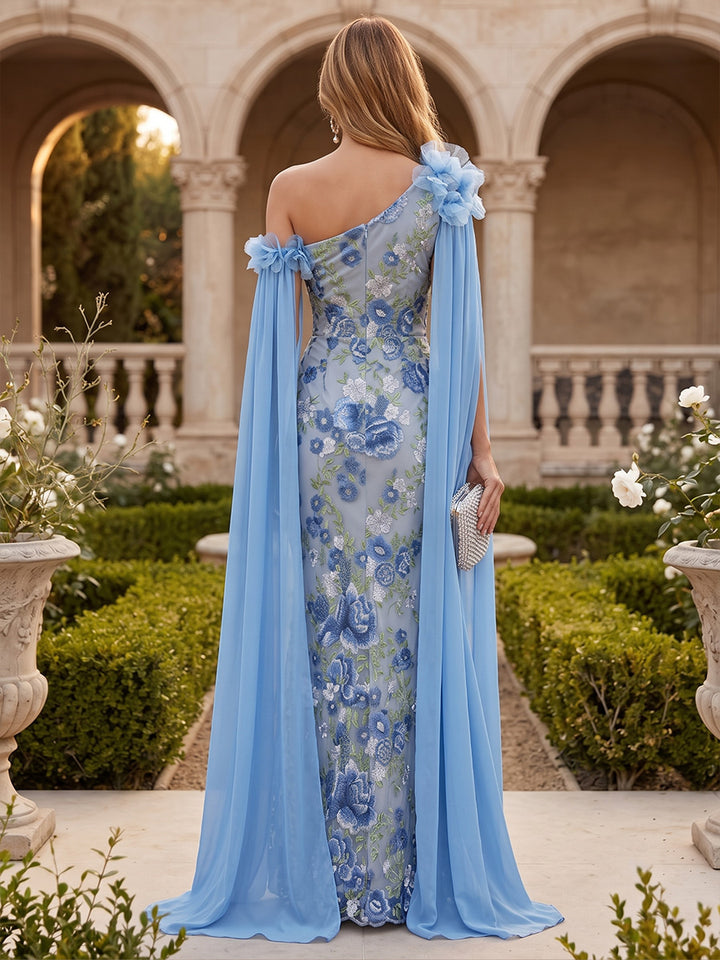 Embroidery Mermaid One Shoulder Scarf Floral Formal Dresses