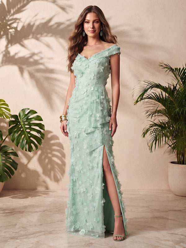 Tulle Sheath Off the Shoulder Side Slit Applique Formal Dresses