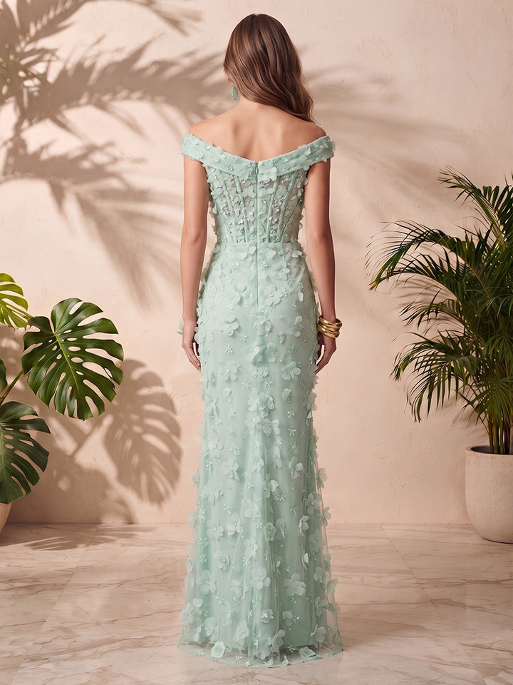 Tulle Sheath Off the Shoulder Side Slit Applique Formal Dresses