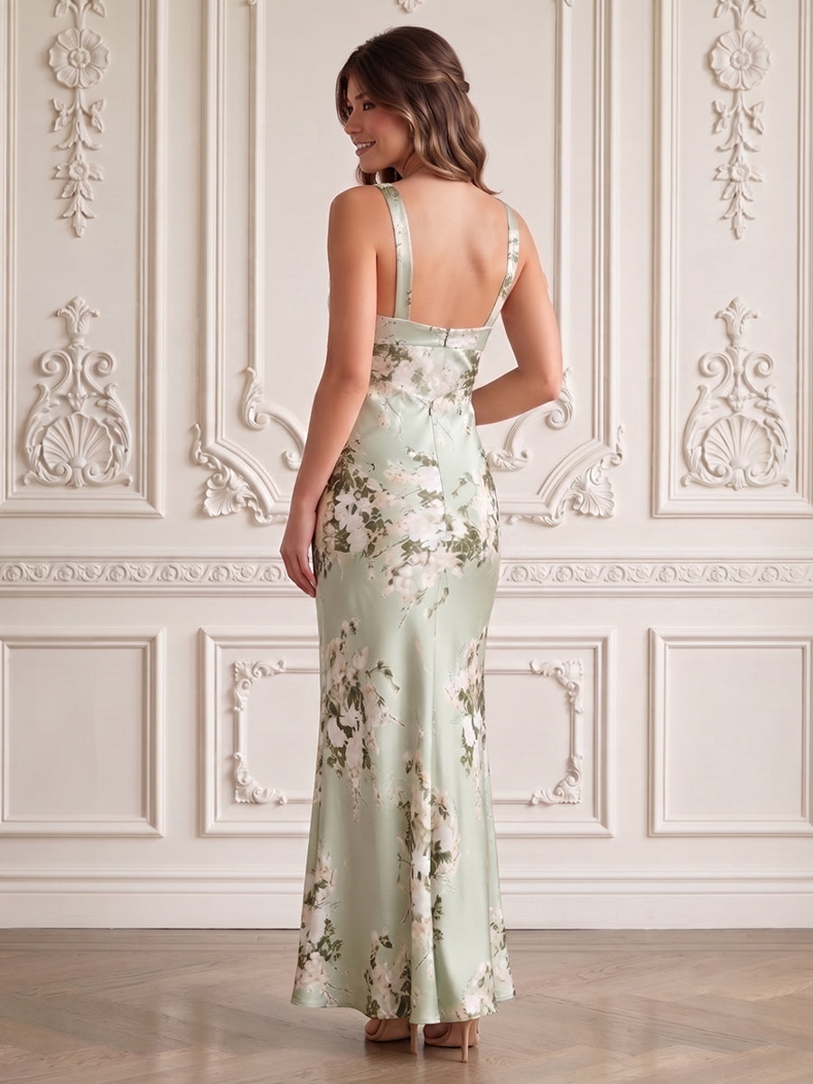 Satin Jacquard Sheath Cowl Neck Ruched Backless Formal Dresses