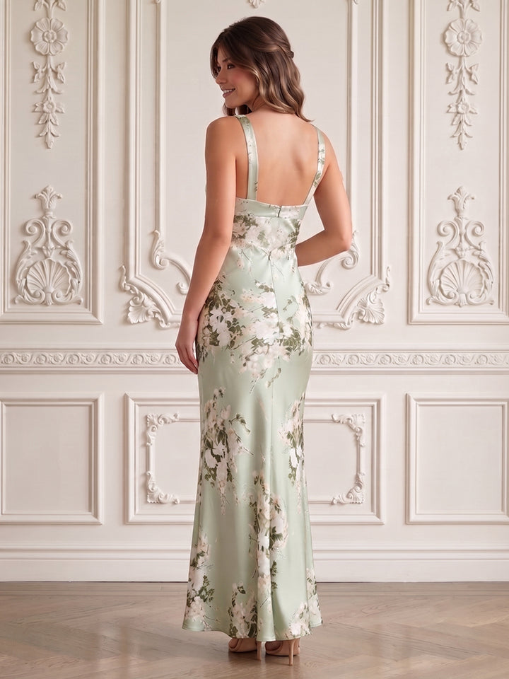 Satin Jacquard Sheath Cowl Neck Ruched Backless Formal Dresses