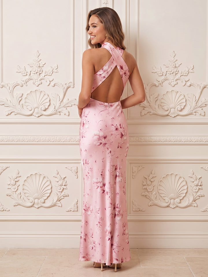 Satin Jacquard Sheath Halter Floral Print Formal Dresses