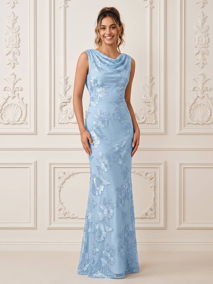 Satin Sheath Cowl Neck Floral Embroidery Embroidery Formal Dresses