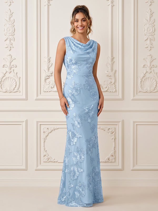 Satin Sheath Cowl Neck Floral Embroidery Embroidery Formal Dresses